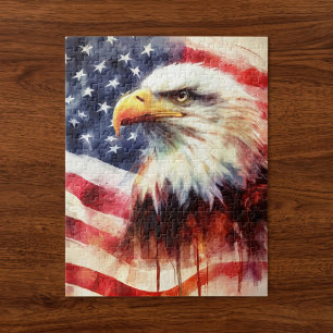 Majestic Bald Eagle Portrait with American Flag Jigsaw Puzzle