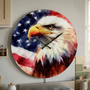 Majestic Bald Eagle Portrait with American Flag Large Clock