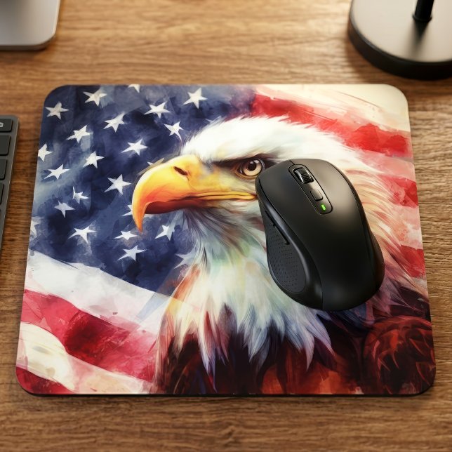 Majestic Bald Eagle Portrait with American Flag Mouse Pad (Majestic Bald Eagle Portrait with American Flag. Mouse Pad)