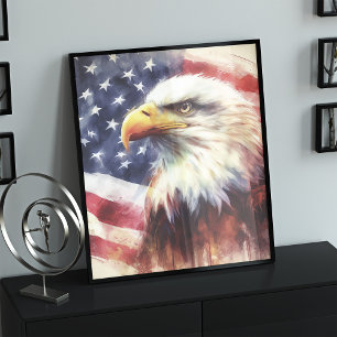 Majestic Bald Eagle Portrait with American Flag Photo Print