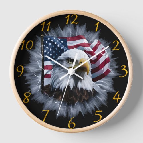 Majestic Bald Eagle Soaring With American Flag Clock
