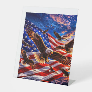 Majestic Bald Eagles Over American Flag Patriotic Pedestal Sign