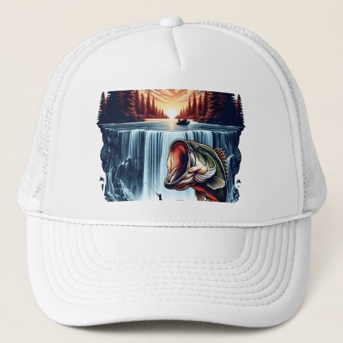 Majestic Bass Leaping Over Waterfall at Sunset Trucker Hat