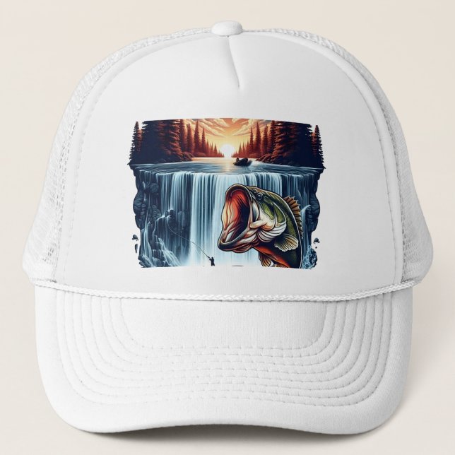 Majestic Bass Leaping Over Waterfall at Sunset Trucker Hat (Front)