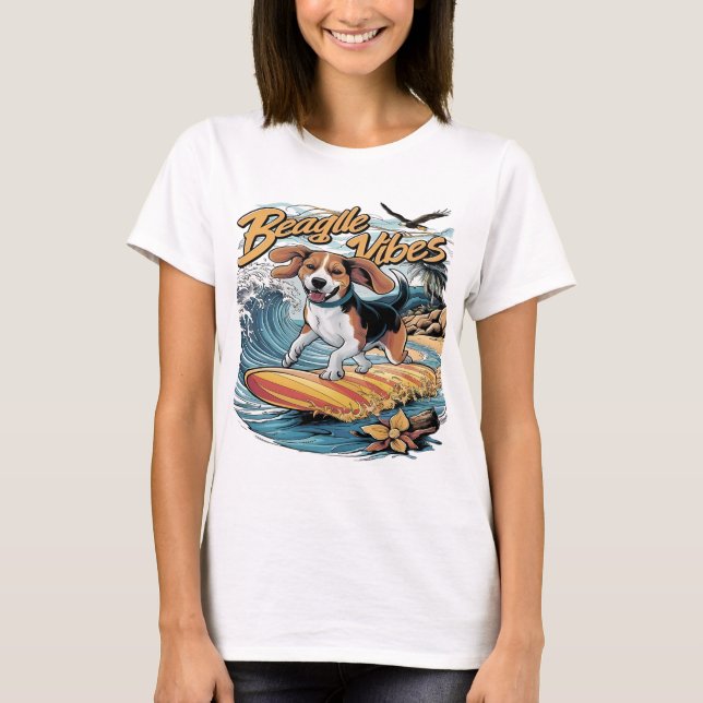 Majestic Beagle Conquers the Wave Surfing T-Shirt (Front)