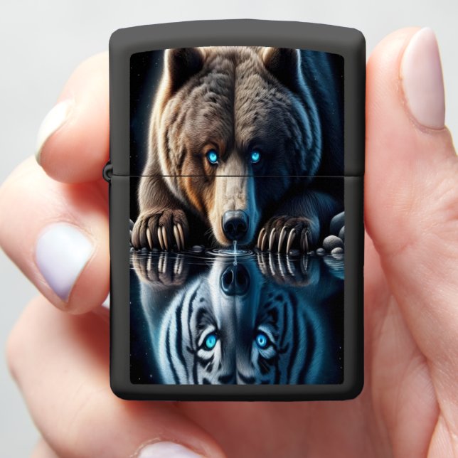 Majestic Bear and Cosmic Tiger Reflection Zippo Lighter (In Hand)