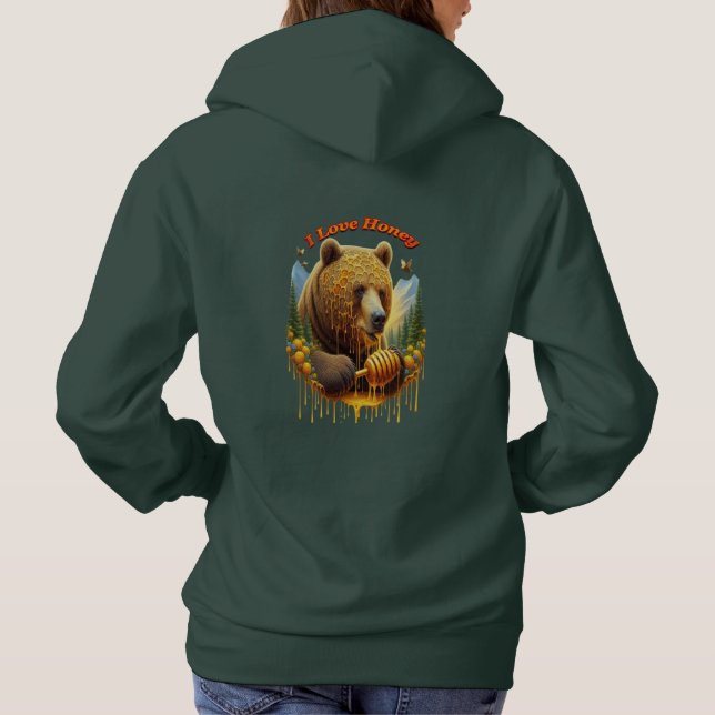 Majestic bear engaging in delightful honey hoodie (Back)