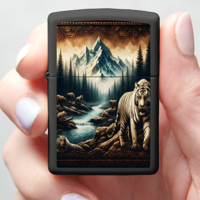 Majestic Bengal Tiger In Mountain Valley Zippo Lighter (In Hand)