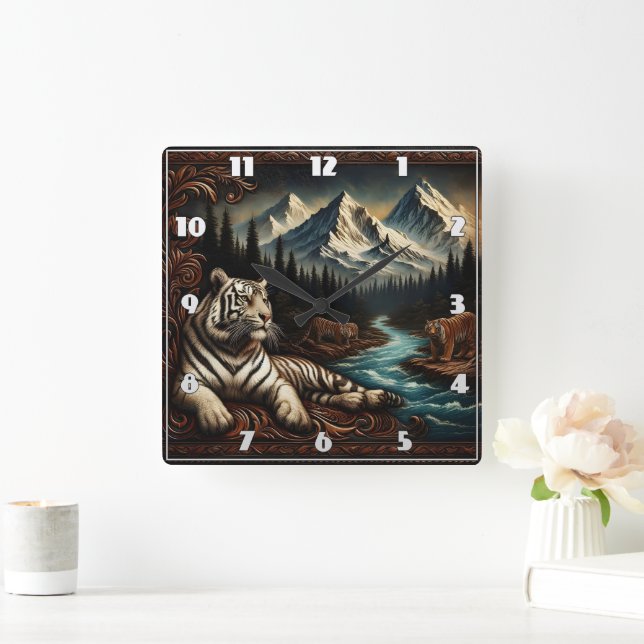 Majestic Bengal Tigers by Mountain River Square Wall Clock (Home)