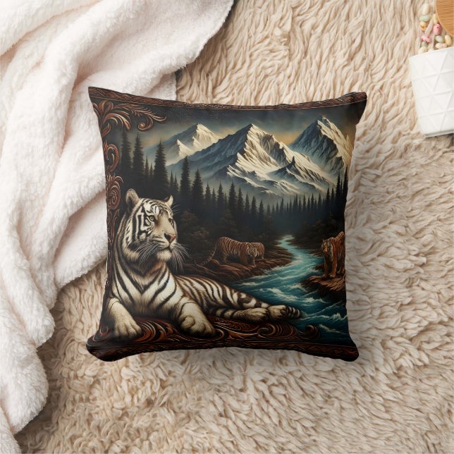 Majestic Bengal Tigers by Mountain River Throw Pillow (Blanket)