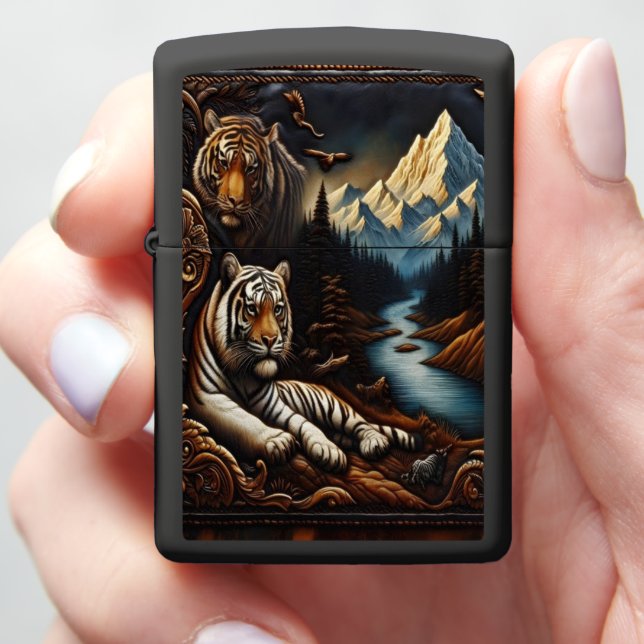 Majestic Bengal Tigers in Mountainous Landscape Zippo Lighter (In Hand)