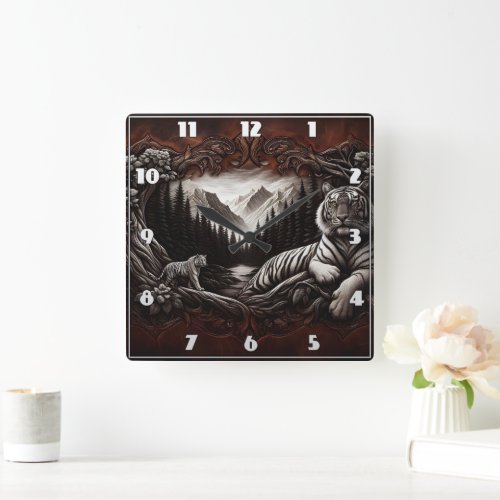 Majestic Bengal Tigers in Serene Forest Landscape Square Wall Clock