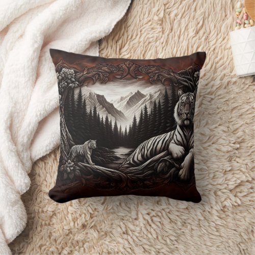 Majestic Bengal Tigers in Serene Forest Landscape Throw Pillow