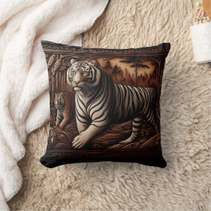 Majestic Bengal Tigers Roaming in Dense Forest Throw Pillow