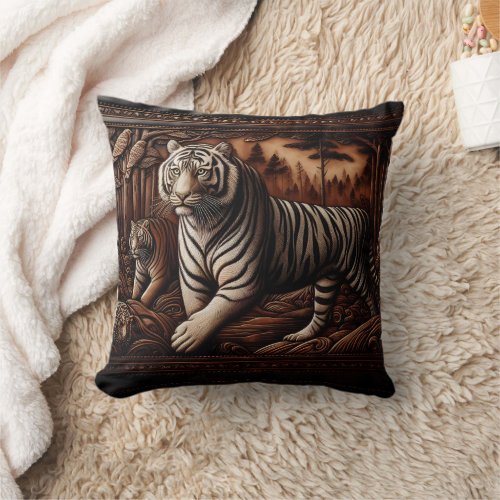 Majestic Bengal Tigers Roaming in Dense Forest Throw Pillow