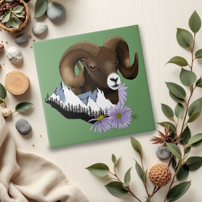 Majestic Bighorn Brown Sheep Ram Green Mountains Ceramic Tile (Creator Uploaded)