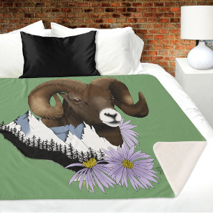 Majestic Bighorn Brown Sheep Ram Green Mountains Sherpa Blanket