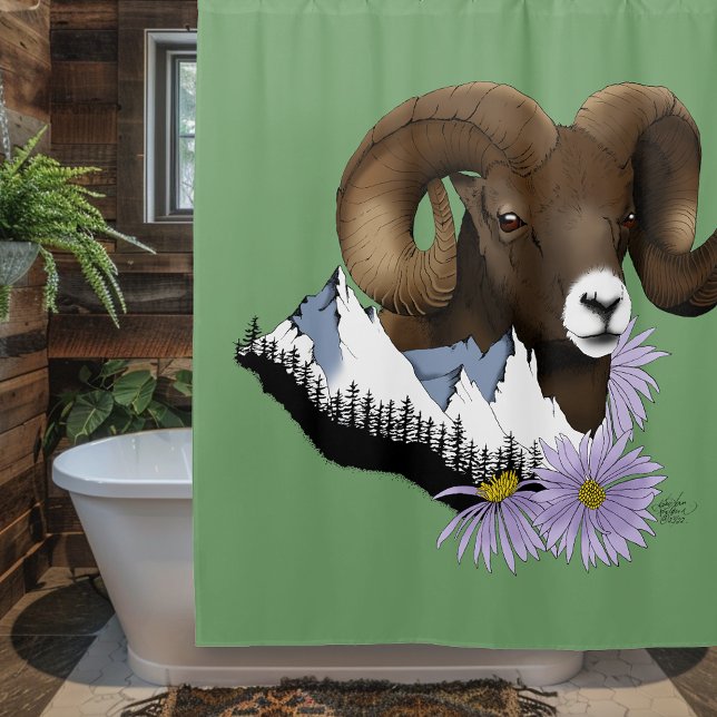 Majestic Bighorn Brown Sheep Ram Green Mountains Shower Curtain (Creator Uploaded)