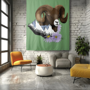 Majestic Bighorn Brown Sheep Ram Green Mountains  Tapestry