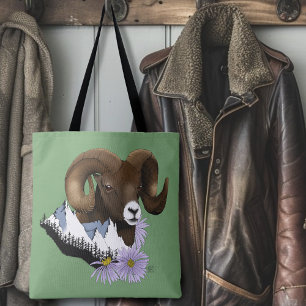 Majestic Bighorn Brown Sheep Ram Green Mountains Tote Bag