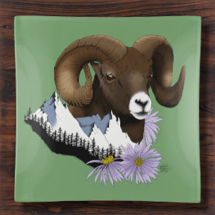 Majestic Bighorn Brown Sheep Ram Green Mountains Trinket Tray
