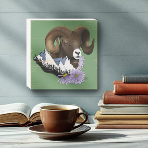Majestic Bighorn Brown Sheep Ram Green Mountains  Wooden Box Sign