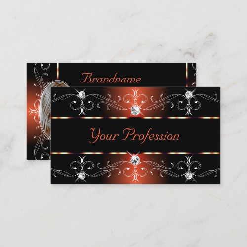 Majestic Black and Orange Ornate Borders with Foto Business Card