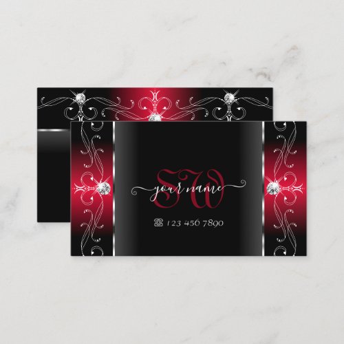 Majestic Black and Red Squiggled Jewels Monogram Business Card
