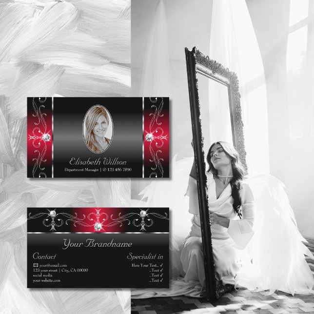Majestic Black and Red Squiggled Jewels with Photo Business Card (Creator Uploaded)