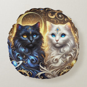 Majestic Black and White Cats Round Pillow