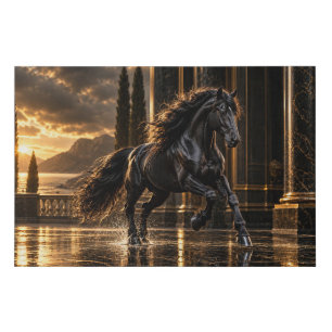 Majestic Black Friesian Horse at Golden Sunset Faux Canvas Print