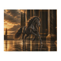 Majestic Black Friesian Horse at Golden Sunset