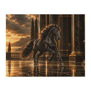 Majestic Black Friesian Horse at Golden Sunset Wood Wall Art