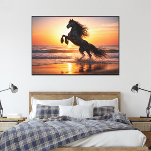Majestic Black Friesian Horse Sunset Ocean Canvas Print