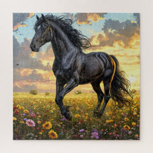 Majestic Black Horse Galloping Through a Vibrant F Jigsaw Puzzle