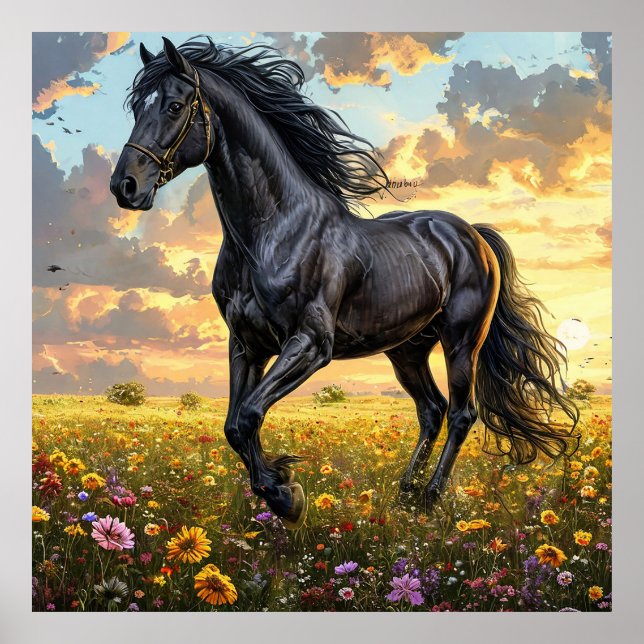 Majestic Black Horse Galloping Through a Vibrant F Poster (Front)