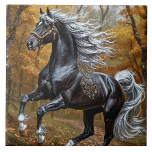 Majestic Black Horse in an Autumn Forest Ceramic Tile
