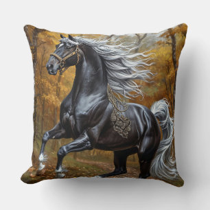 Majestic Black Horse in an Autumn Forest Throw Pillow