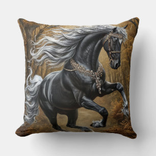 Majestic Black Horse in Ornate Ornament Throw Pillow