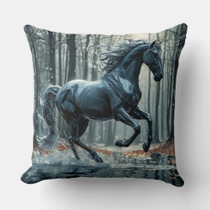 Majestic Black Horse in Ornate Ornament Throw Pillow