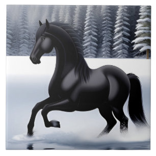 Majestic Black Horse Prancing on a Snowy Surface Ceramic Tile