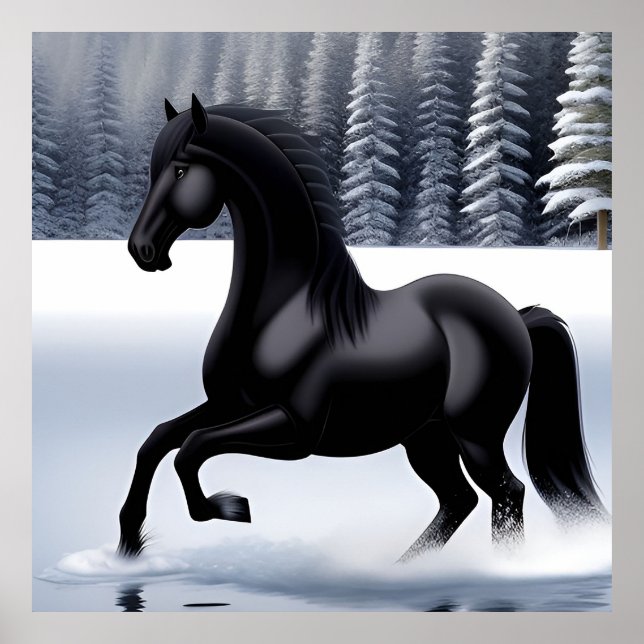 Majestic Black Horse Prancing on a Snowy Surface Poster (Front)