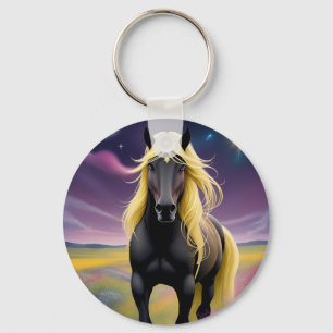 Majestic Black Horse with Flowing Golden Mane Keychain