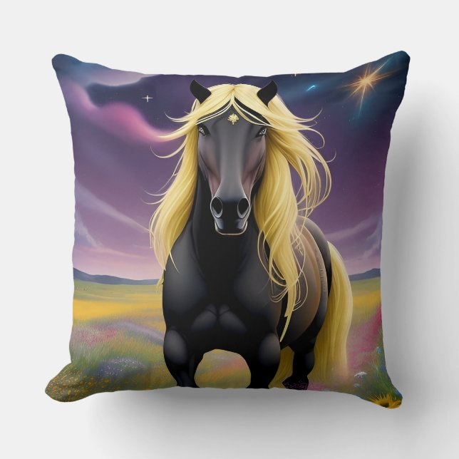 Majestic Black Horse with Flowing Golden Mane Throw Pillow (Front)