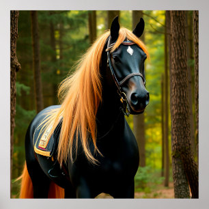 Majestic Black Horse with Flowing Mane Poster