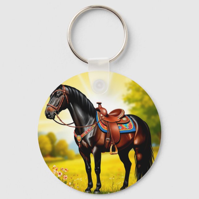 Majestic Black Horse With Saddle Keychain (Front)
