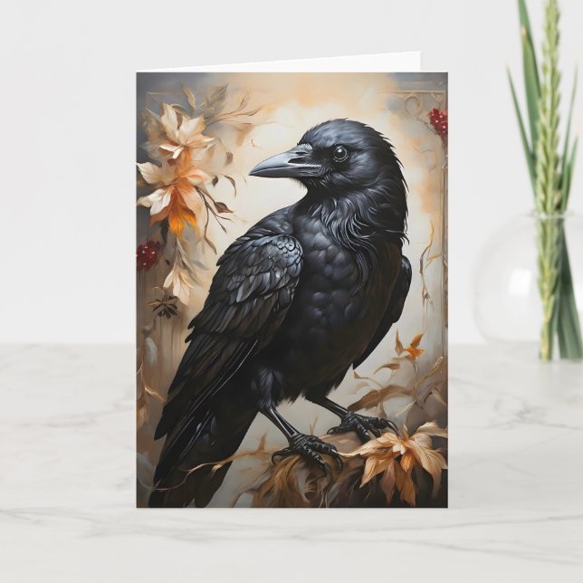 Majestic Black Raven Portrait Flowers Moon Blank Card (Front)