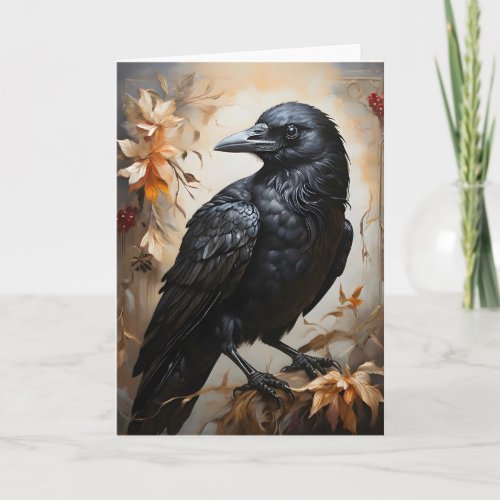 Majestic Black Raven Portrait Flowers Moon Blank Card