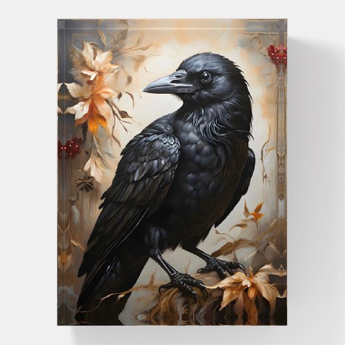 Majestic Black Raven Portrait Flowers Moonlight  Paperweight