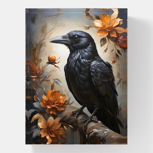 Majestic Black Raven Portrait Trees Moon Flowers Paperweight